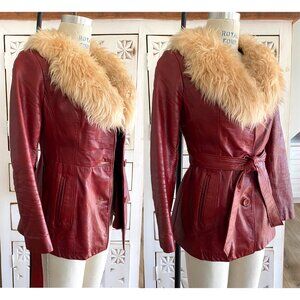VTG 70s AMAZING Belted Leather Shearling Penny Lane Coat S